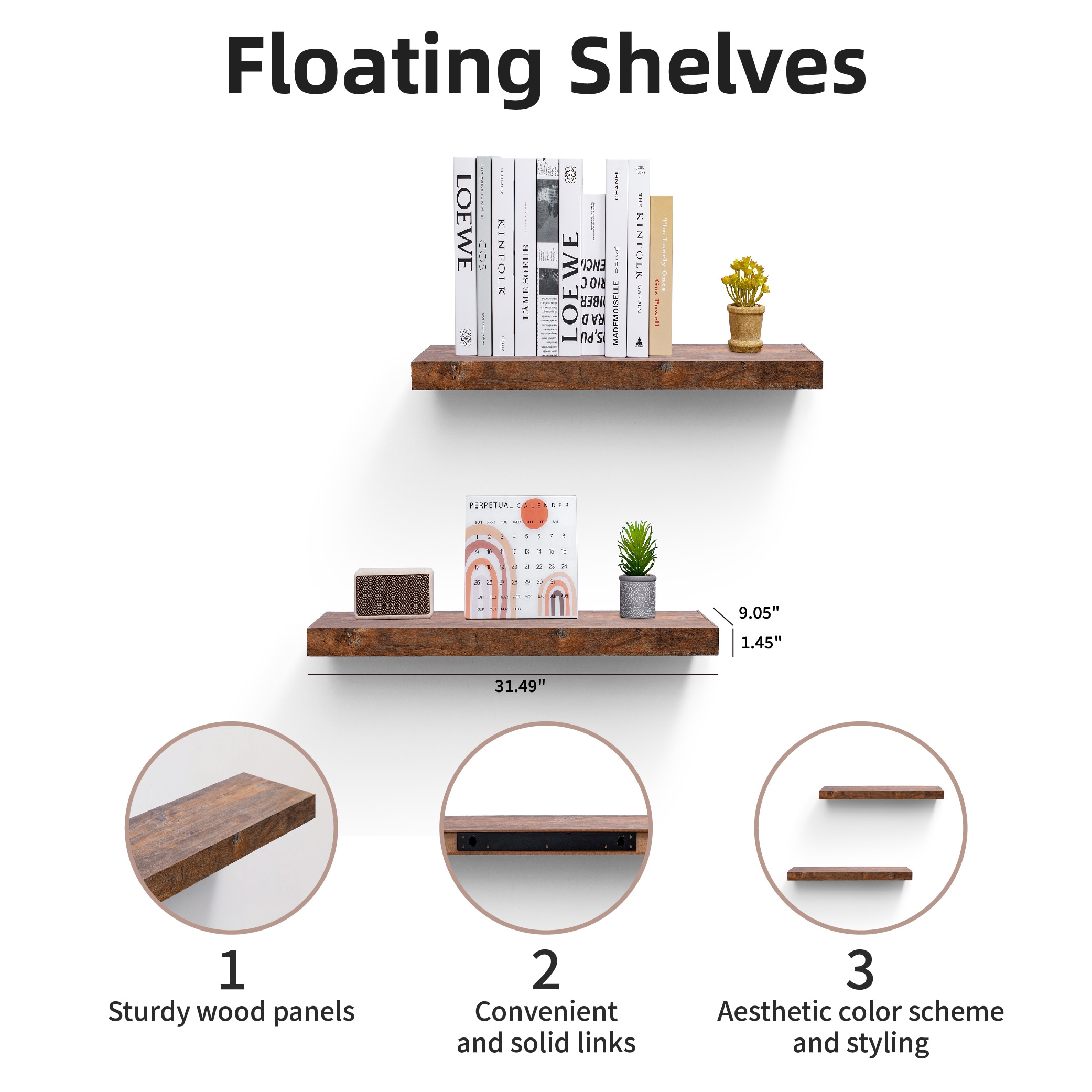Floating Shelves 18.11" Wall Mounted Wood Shelves For Bathroom, Bedroom, Living Room, Kitchen, Hanging Shelf For Books/Storage/Decor With Invisible Brackets, Black_voghion.com